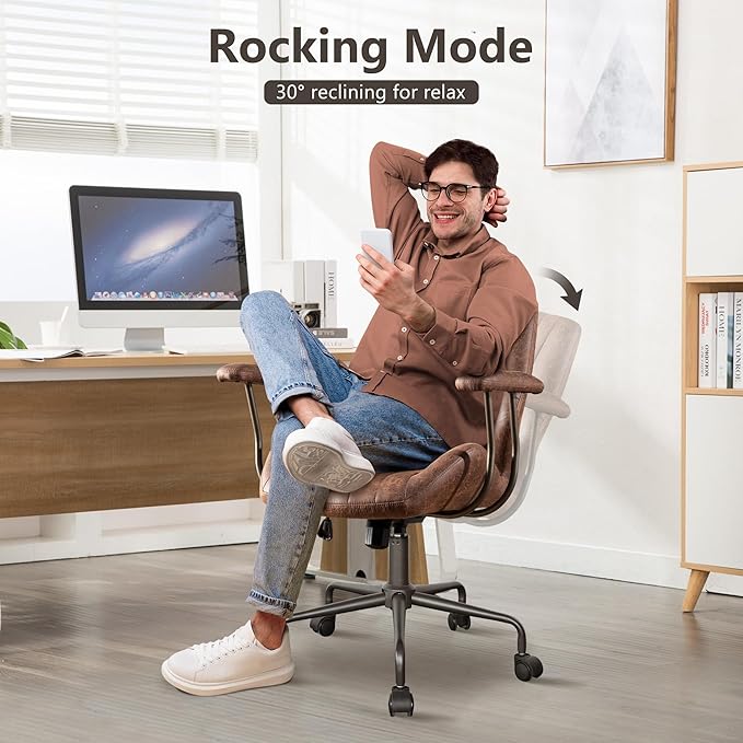 Mid Century Modren Office Chair - Mid Back Swivel Executive Chair with Lumbar Support,Ergonomic Computer Desk Chair with Wheels,Faux Lether Suede Task Chair,350lbs (Dark Brown, Mid Back)-DeskLoop Office