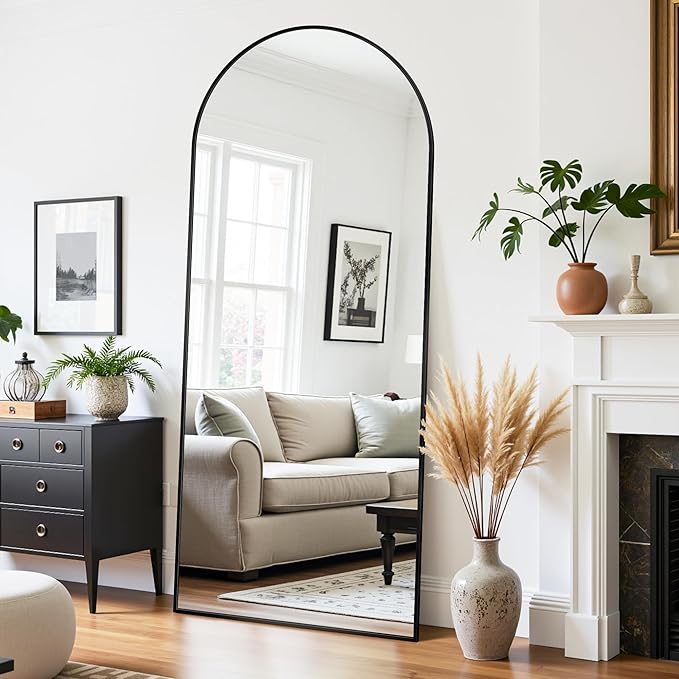 Full Length Mirror, 68"x26" Oversized Floor Mirror Freestanding, Full Body Mirror Floor Standing Mirrors with Stand, Hanging Mounted Mirrors for Bedroom Living Room, Black, Arched Style-DeskLoop Office