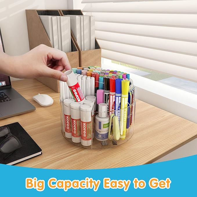 Acrylic Pen Holder, 360 Degree Rotating Pen Organizer, Rotating Desk Acrylic Office Organizer with 6 Compartments, Marker Organizer for Kid, Crayon Caddy School Art Supply Storage Organizer-DeskLoop Office