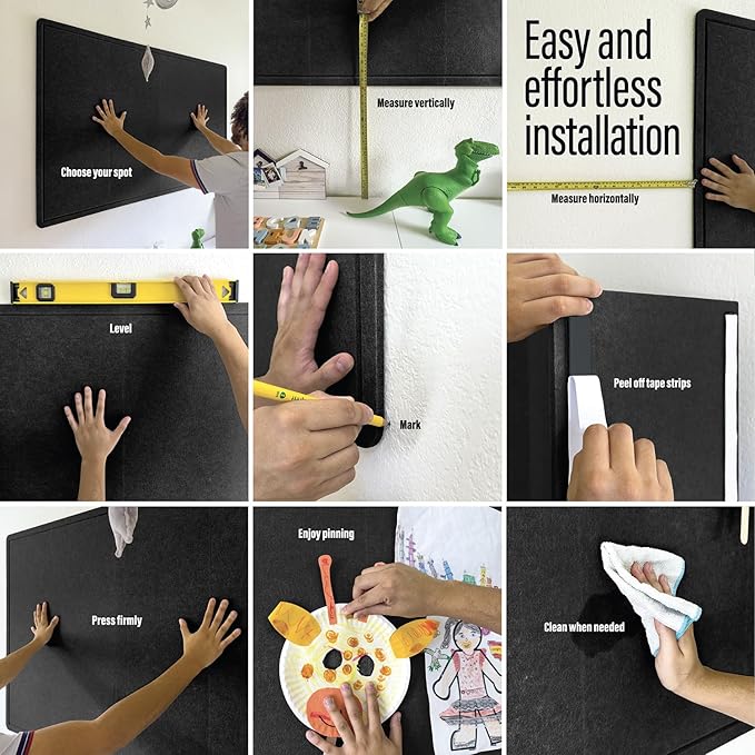 Large Bulletin Board 36 x 18 Inches - Foldable Felt Bulletin Board for Wall, Cork Board Alternative with 50 Color Pins & 6 Note Pads, Vision Board - Black