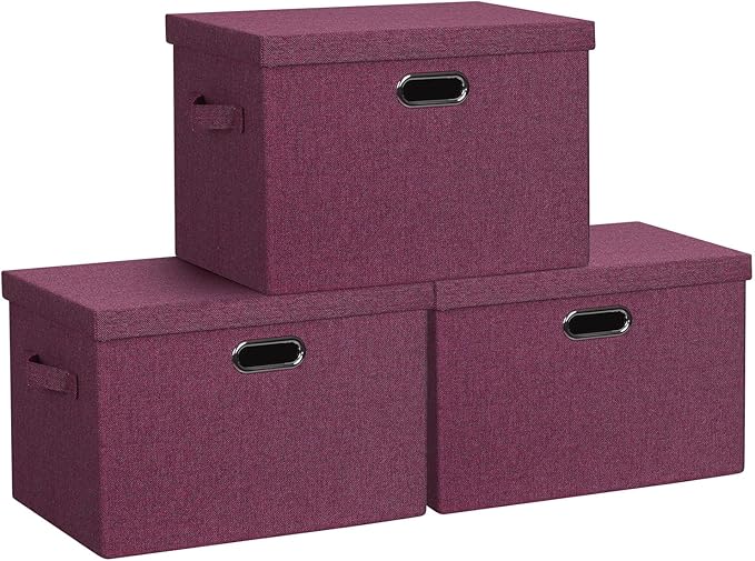 Large 17" 36 Quart Collapsible Stackable Storage Bins with Lids, 3 Packs Purple Linen Fabric Closet Boxes with Lids, Storage Cube Baskets Container Organizers for Bedroom Office (17x12x11)-DeskLoop Office