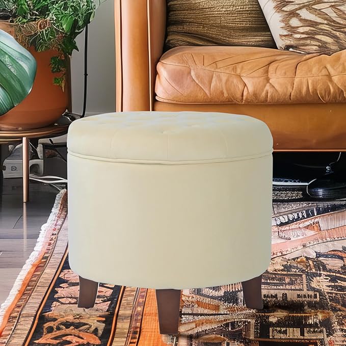 Homepop Home Decor | Upholstered Round Velvet Tufted Foot Rest Ottoman | Ottoman with Storage for Living Room & Bedroom | Decorative Home Furniture, Cream-DeskLoop Office