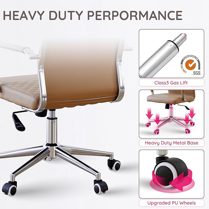 Livinia Modern Executive Office Chair with Patterned Back Design, Chrome & Leather Swivel Chair with High Back, Adjustable Height, Removable Armrests, and Wheels for Home Office (Brown(Chrome))-DeskLoop Office