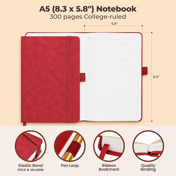 A5 Premium Leather Journal Red 5.8x8.3" Lined Leather Notebook 300 Pages | - Image 3