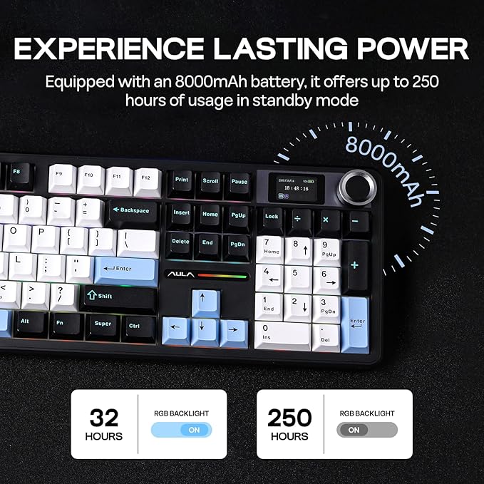 EPOMAKER X Aula F108 PRO Wireless Gaming Keyboard with Screen, 8000mAh Battery, 104 Hot-Swappable and Programmable Keys and Knob, RGB Backlight, for Mac/PC/Android (Blue&White&Black)-DeskLoop Office