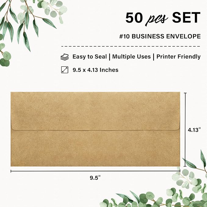 50 Pack #10 Business Envelopes, Self Seal Standard Kraft Envelopes - Image 2