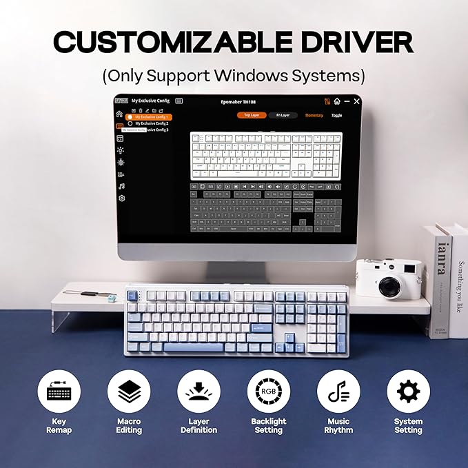 EPOMAKER TH108 Full Size Mechanical Keyboard, Wireless Gaming Keyboard, 8000mAh Battery, Creamy Gasket, 108 Keys, Hot Swap, Custom Driver, RGB Backlights (Blue&White, Creamy Jade Switch)-DeskLoop Office