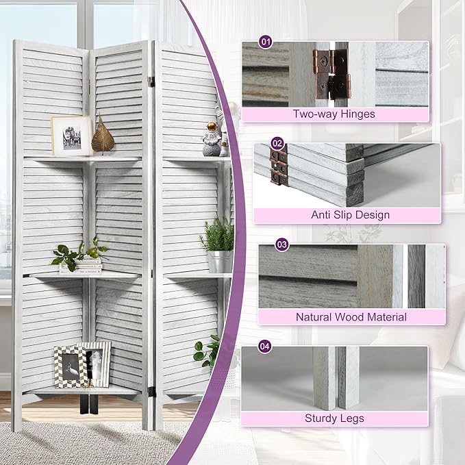 Room Divider with Shelves, 5.6FT Folding Room Divider Panel, 4 Panel Wood Partition Wall Divider for Room Separation, White-DeskLoop Office
