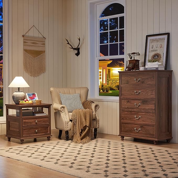 Farmhouse 5 Drawer Dresser Set of 2 for Bedroom, 45" Tall Rustic Chests of Drawers w/ 4 Solid Wood Feet, Mid Century Vintage Wooden Closet Storage Dressers Organizer for Living Room, Brown-DeskLoop Office