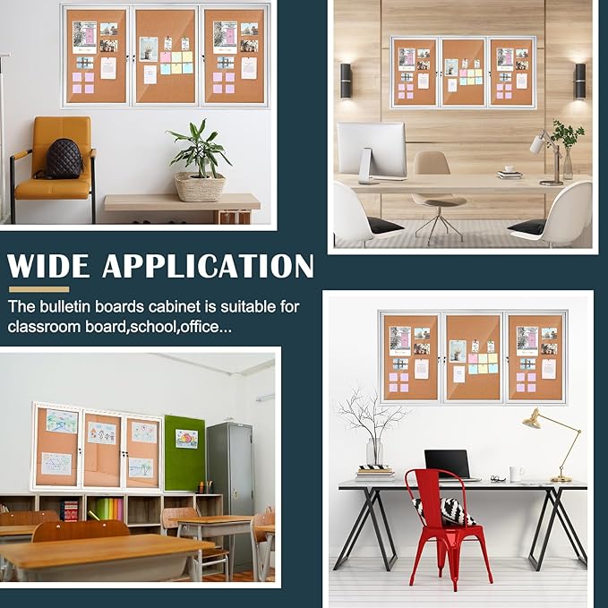 72" x 36" Enclosed Bulletin Board Outdoor 3 Door Weatherproof Tamper-Proof Enclosed Cork Board with Lock Aluminum Frame Display Case for Back to School, Office Commercial, 18xA4(Wood Color)-DeskLoop Office