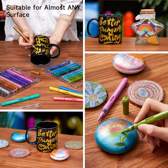 Automatic Ink Control Acrylic Paint Markers, Shuttle Art 24 Metallic Colors Brush Tip Acrylic Paint Pens for Rock Painting, Ceramic, Wood, Canvas, Glass, Stone, Fabric, Card Making, DIY & Art Supplies-DeskLoop Office