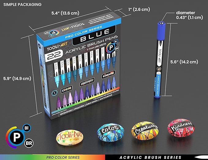 22 Flexible Brush Tip Acrylic Paint Pens Markers Set 1-7mm Line for Rock Painting, Brush Lettering, Glass, Mugs, Wood, Metal, Canvas, Fabric, Plastic. Non Toxic Waterbased Quick Drying Assorted Blue-DeskLoop Office