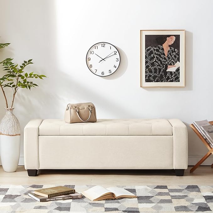 48" Ottoman with Storage, Storage Ottoman Bench with Safety Hinge, Upholstered Entryway Bench with Seating for Bedroom, Living Room, Holds up to 330 lb, Beige-DeskLoop Office