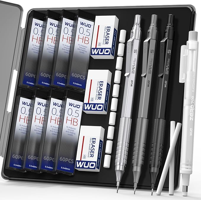 WUO 0.5mm Mechanical Pencil Set, 3 Metal Drafting Pencils by WUO