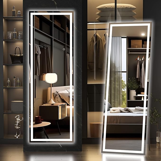 Hasipu Full Length Mirror with Lights, 56" x 15.8" LED Floor Mirror, Full Body Dressing Standing, Hanging Mounted Mirror for Living Room Bedroom Cloakroom, Square Black-DeskLoop Office
