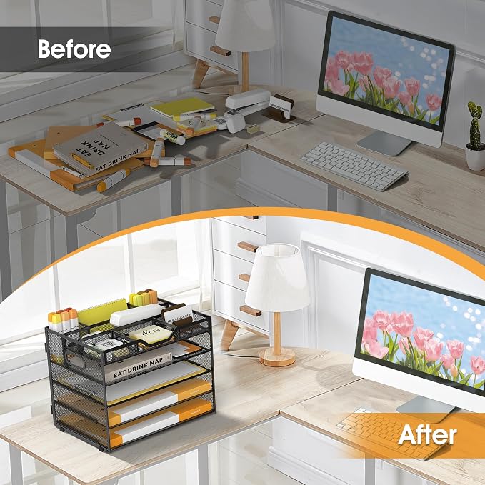5 Tier Paper Letter Tray with 3 Drop-in Pen Holders, Mesh Desk File Organizer - Image 5