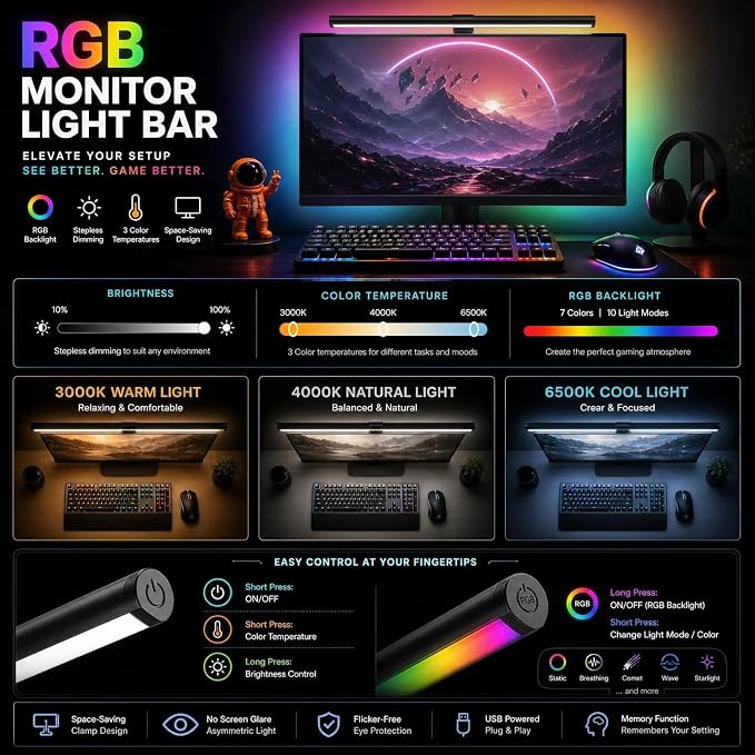 RGB Monitor Light Bar Dual USB Reading Screen Lamp Touch Switch | Dual-Sided 15 - Image 5