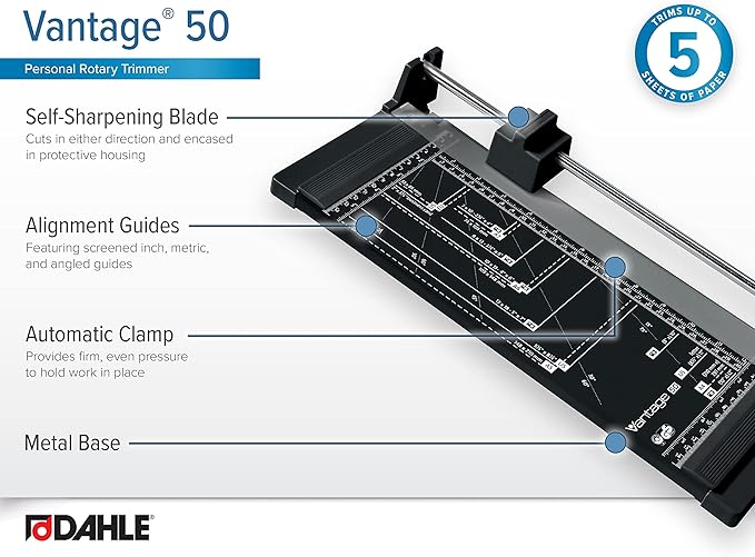 Dahle Vantage 50 Rotary Trimmer, 12" Cut Length, 5 Sheet Capacity, Self-Sharpening, Automatic Clamp, German Engineered Paper Cutter-DeskLoop Office