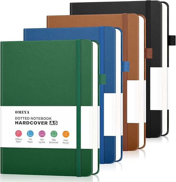 OMEYA Bullet Dotted Journal Notebook 4 Pack: 160 Pages Per Pack, A5 Medium Size by OMEYA