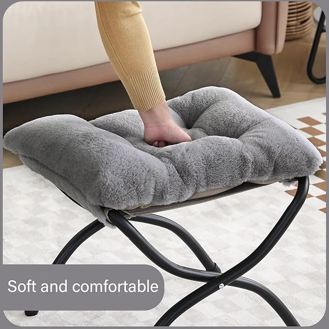 LITA Folding Upholstered Footrest Stool, Modern Small Portable Accent Ottoman with Detachable Thick Cotton Cushion Padded Sofa Stool with Metal Frame for Lazy Chair, Living Room & Bedroom, Plush Grey-DeskLoop Office