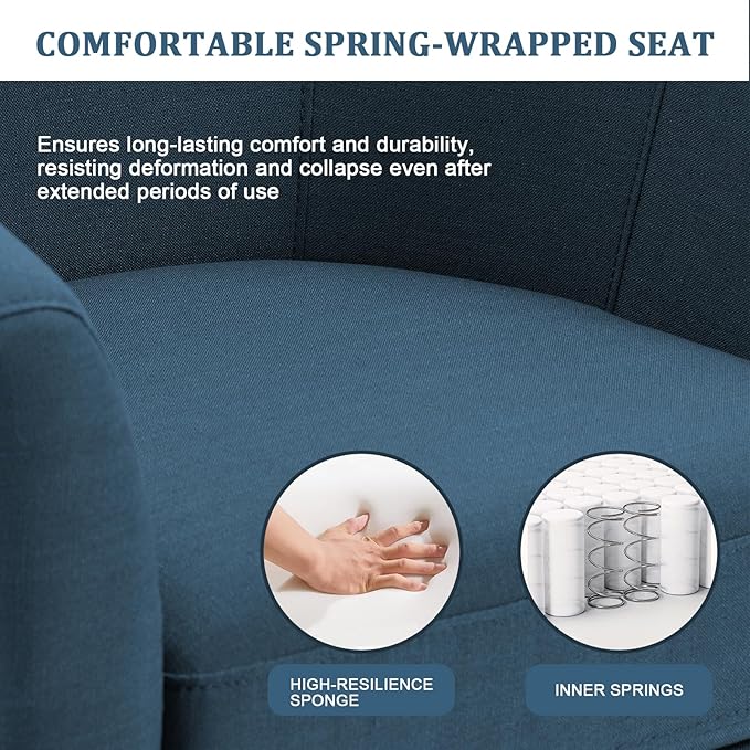 UIXE 360° Swivel Barrel Accent Chair, Modern Round Arm Chair Upholstered Club Armchair, Single Sofa Seating in Fabric for Living Room, Bedroom (Blue)-DeskLoop Office