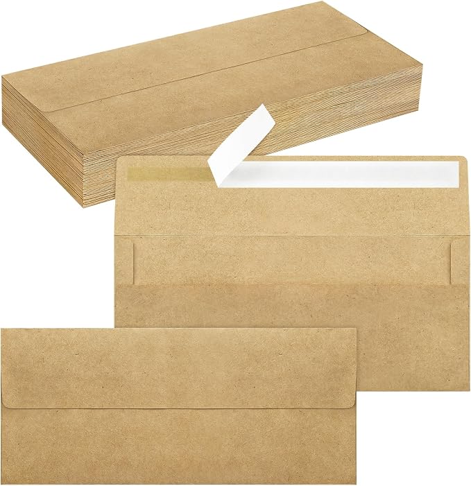 50 Pack #10 Business Envelopes, Self Seal Standard Kraft Envelopes by QIKSION