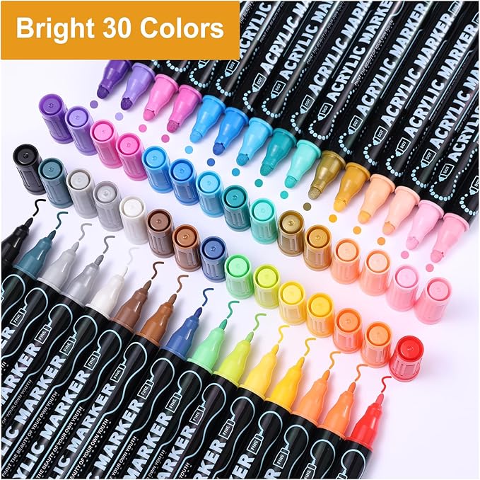 30 Colors Waterproof Dual Tip Acrylic Paint Pens, Dot & Fine Tip Premium Coloring Drawing Markers Set for Wood, Rock Painting, Canvas, Glass, Ceramic Surfaces and DIY Crafts Making Art Supplies-DeskLoop Office