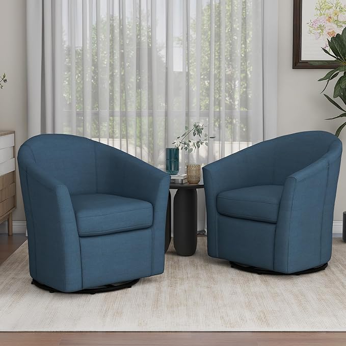 UIXE 360° Swivel Barrel Accent Chairs Set of 2, Modern Round Arm Chair Upholstered Club Armchair, Single Sofa Seating in Fabric for Living Room, Bedroom (Blue)-DeskLoop Office