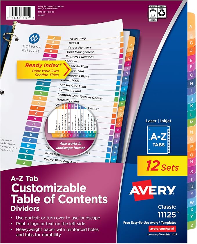 Avery A-Z Dividers for 3 Ring Binders, 26 Tabs per Set, Customizable Table of by Avery