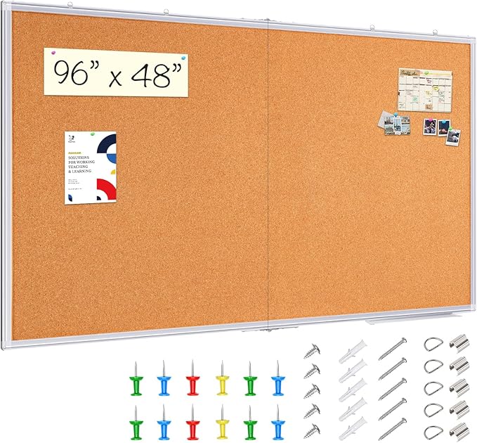 maxtek Large Cork Board 96 x 48 in, Bulletin Board for Walls, 8'x 4' Extra Aluminum Framed Corkboard, Foldable Wall Mounted Back to School Pin Memo Notice Cork Board for Office, Home Wall Display-DeskLoop Office