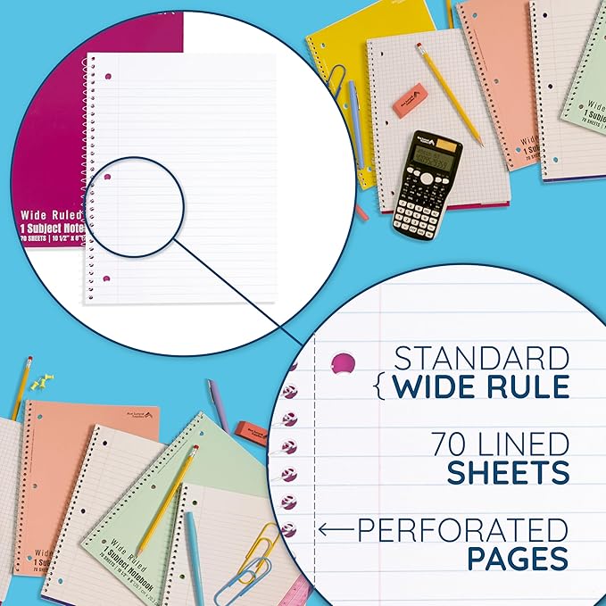 Blue Summit Wide Ruled Spiral Notebooks Bulk, 1 Subject Spiral Notebook Wide Ruled, Paper School Bulk Notebooks, 48 Pack-DeskLoop Office