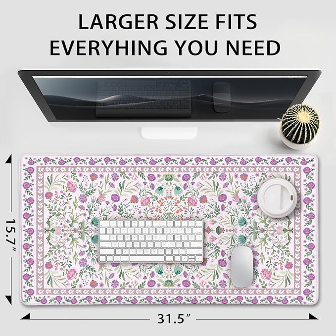 Purple Floral Desk Mat, 31.5"x15.7" Large Mouse Pad, Anti-Slip Rubber Base - Image 4