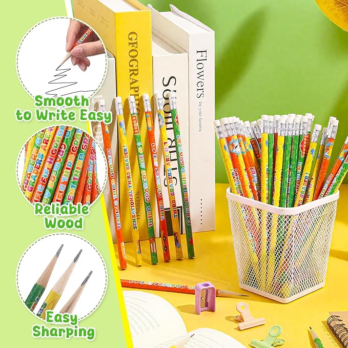 Tenceur 120 Pcs 3rd Graders Pencils, 3 Motivational Cute Pencils Bulk with Erasers for Kids Student Teacher Classroom Reward Back to School Supplies