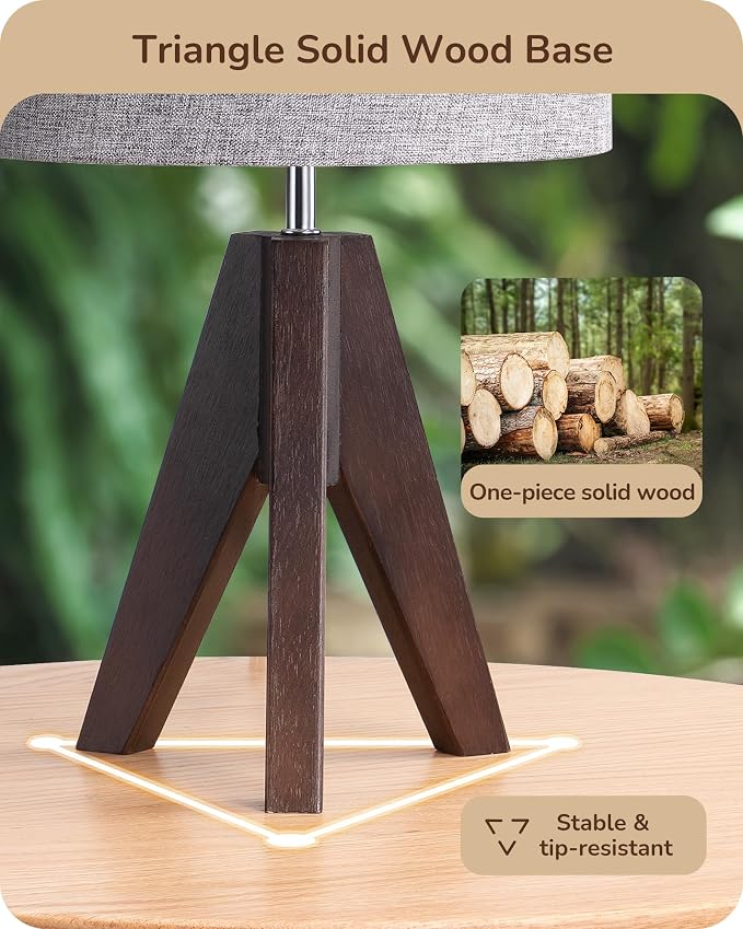 EDISHINE Boho Small Table Lamp, Walnut Color Wooden Tripod Bedside Lamp - Image 2