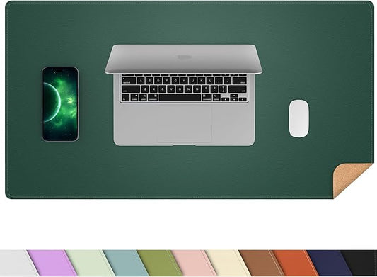AFIING Dual-Sided Desk Pad, Natural Cork & PU Leather Large Mouse mats for Office and Home Work, Desk Protector Non-Slip, Waterproof, Easy Clean (Dark Green, 23.6" x 13.7")