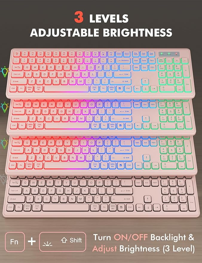 Wireless Keyboard and Mouse Combo - RGB Backlit, Rechargeable & Light Up Letters, Full-Size, Ergonomic Tilt Angle, Sleep Mode, 2.4GHz Quiet Keyboard Mouse for Mac, Windows, Laptop, PC, Trueque, Pink-DeskLoop Office