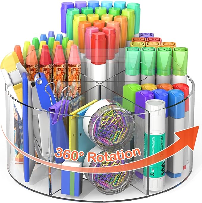 Acrylic Pen Holder, 360 Degree Rotating Pen Organizer, Rotating Desk Acrylic Office Organizer with 6 Compartments, Marker Organizer for Kid, Crayon Caddy School Art Supply Storage Organizer-DeskLoop Office