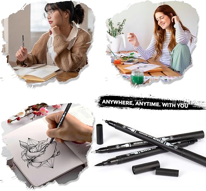 ZSCM Black Duo Tip Marker Pens, 12 Pack Fine & Brush Markers - Image 7
