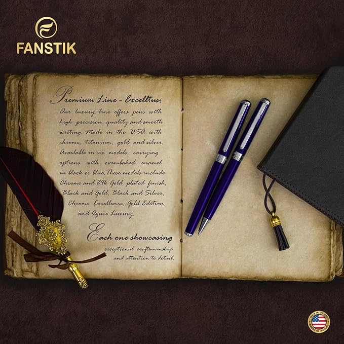 Blue Luxury fountain pen (Made In USA) fancy gift set for women, Chrome Finish, Professional executive pen gift set for men (Lux fountain Blue)-DeskLoop Office