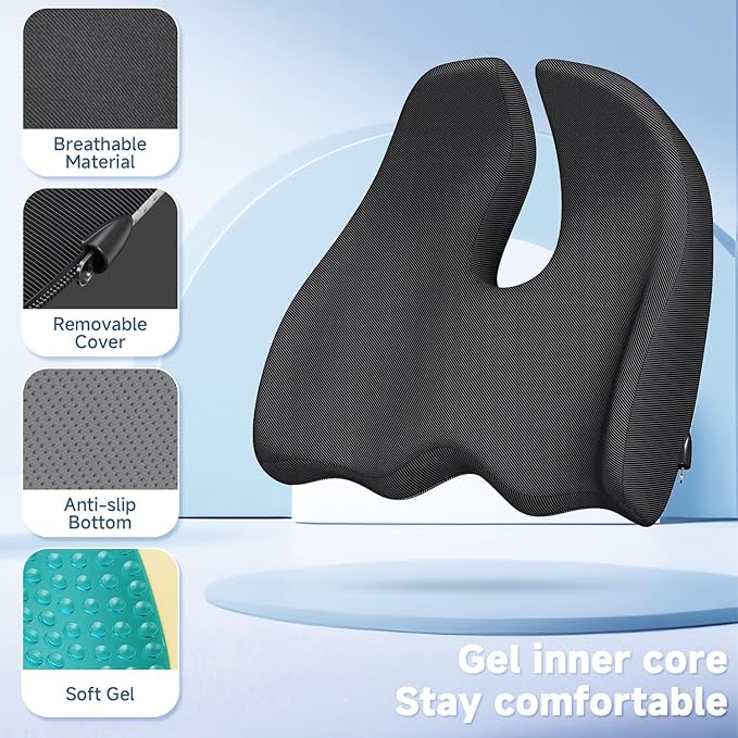 Benazcap Gel Seat Cushion for Office Chair Ergonomic Cushions-Gel & Memory Foam Coccyx Butt Pillow for Sciatica & Back Pain Relief for Long Sitting for Gaming Chair and Car Seat-Black-DeskLoop Office