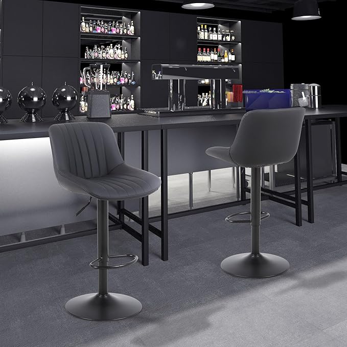 Bar Stools Set of 3, Swivel Counter Height Barstools with Back, Adjustable PU Leather Bar Chairs, Modern Armless Kitchen Island Stool, Black-DeskLoop Office