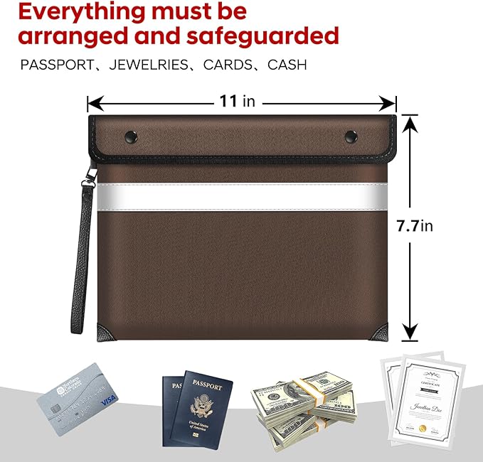 Fireproof Bag for Documents (11 x 7.7 inch)-5200 Heat Insulated, Waterproof Document Pouch with Double-Sided Reflective Strip, Money Bag for Cash (Brown)-DeskLoop Office
