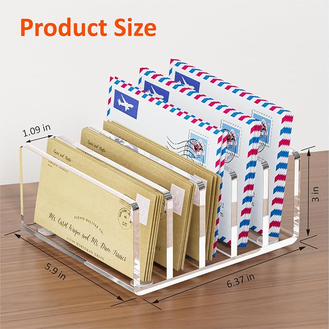 FUCDTEFC Desk Mail Organizer, 5 Section Clear Acrylic File Holder Letter - Image 2