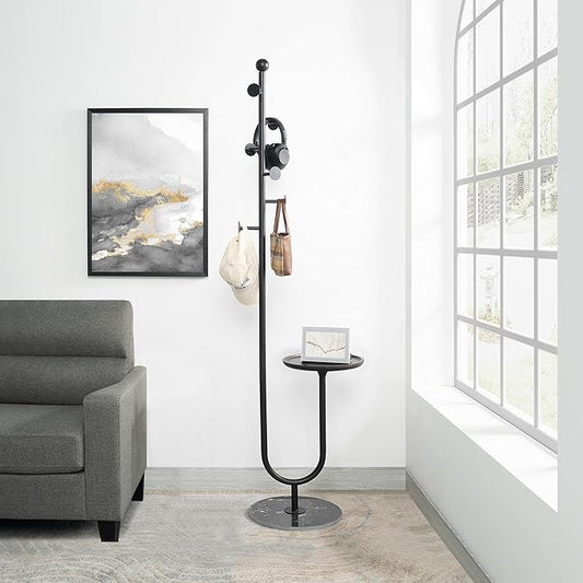 Coat Rack Stand, Metal Coat Tree with Bamboo Tray & 6 Hooks, Heavy Duty Marble Base Corner Coat Stand for Bedroom Hallway Entryway Living Room Office 13.78 x 13.78 x 68.11 Inches (Black)-DeskLoop Office