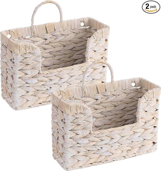 Set of 2 Magazine Holder Wall Basket Water Hyacinth Woven Mail Organizer by PINXIURY