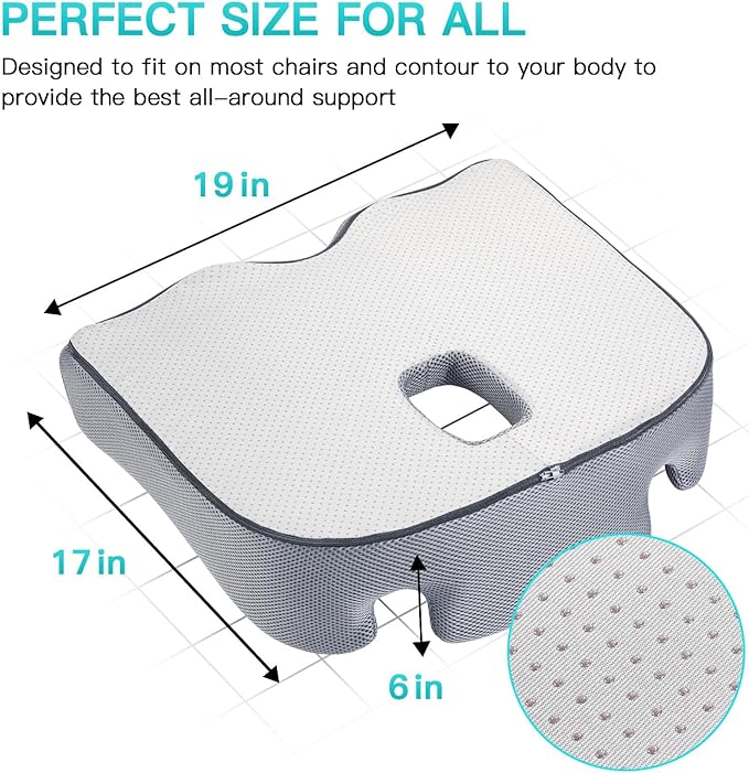 Benazcap Memory Seat Cushion for Office Chair Sciatica & Back Pain Relief Memory Foam Firm Coccyx Pad for Car, Wheelchair, Gaming Chair and Desk Chair, Gray-DeskLoop Office