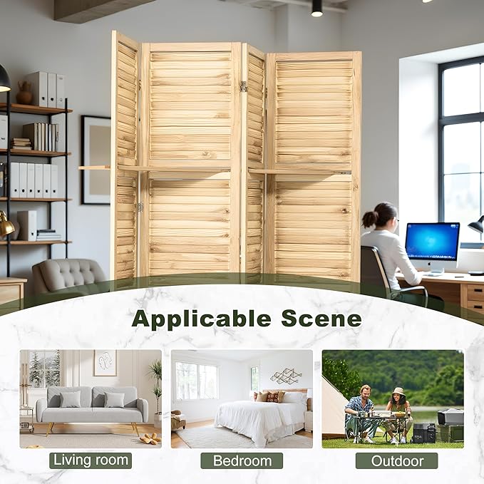 NicBex 4 Panel Room Divider,5.6FT Wood Carved Room Dividers with Display Shelves Folding Privacy Screens Portable Freestanding Partition Wall Dividers for Room Separation, Bedroom Office,Natural Wood-DeskLoop Office