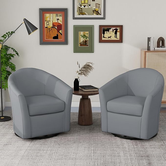 UIXE 360° Swivel Barrel Accent Chairs Set of 2, Modern Round Arm Chair Upholstered Club Armchair, Single Sofa Seating in Fabric for Living Room, Bedroom (Pebble Grey)-DeskLoop Office