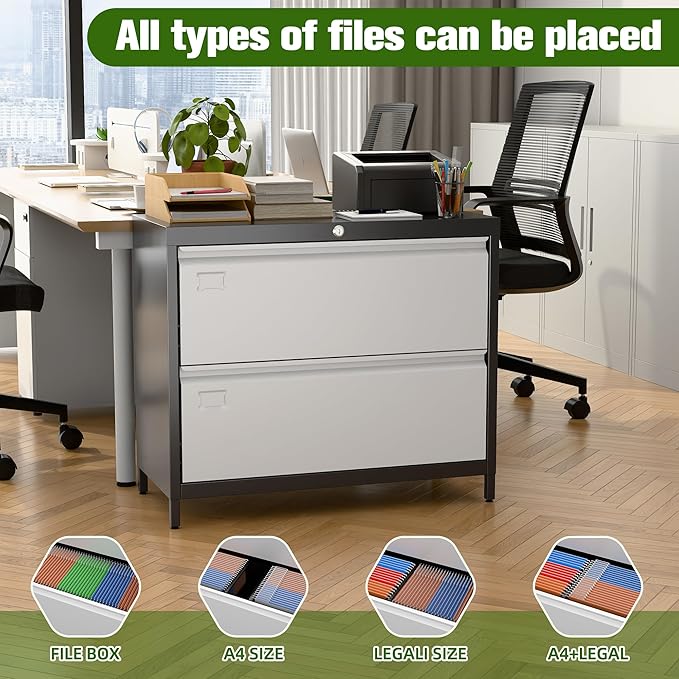 Metal 2 Drawer Lateral File Cabinet with Lock & Adjustable Feet - Wide Filing Cabinet for Letter/Legal/F4/A4 Hanging Files - Includes Business Card Holder,Home Office School Storage,Black/Grey-DeskLoop Office