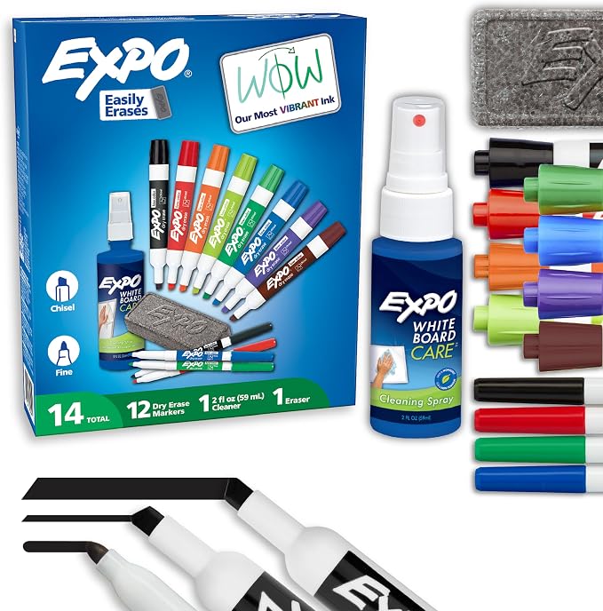 EXPO Dry Erase Markers Kit, Fine and Chisel Tip Markers, Spray Cleaner by Unknown